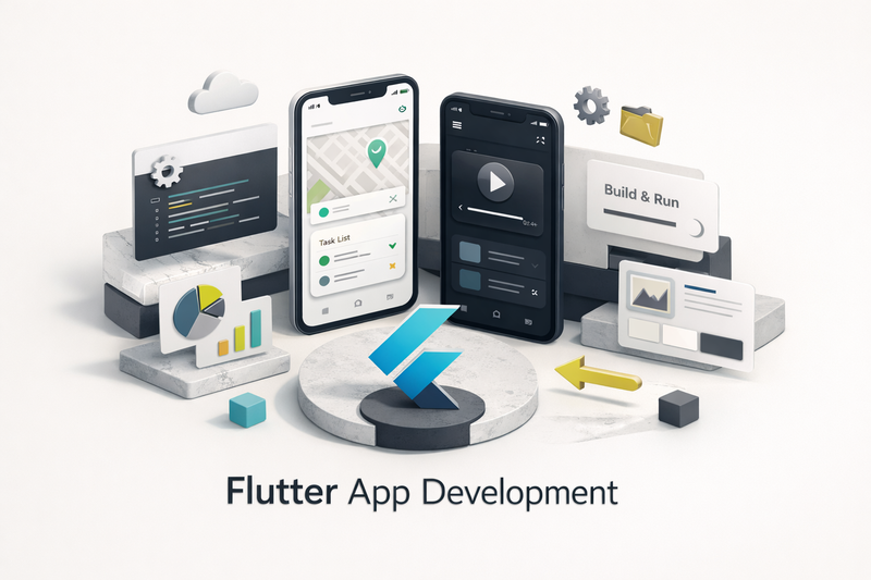 Flutter mobile app development with Dart code on a laptop screen alongside a smartphone displaying a colorful UI
