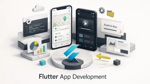 Flutter mobile app development with Dart code on a laptop screen alongside a smartphone displaying a colorful UI