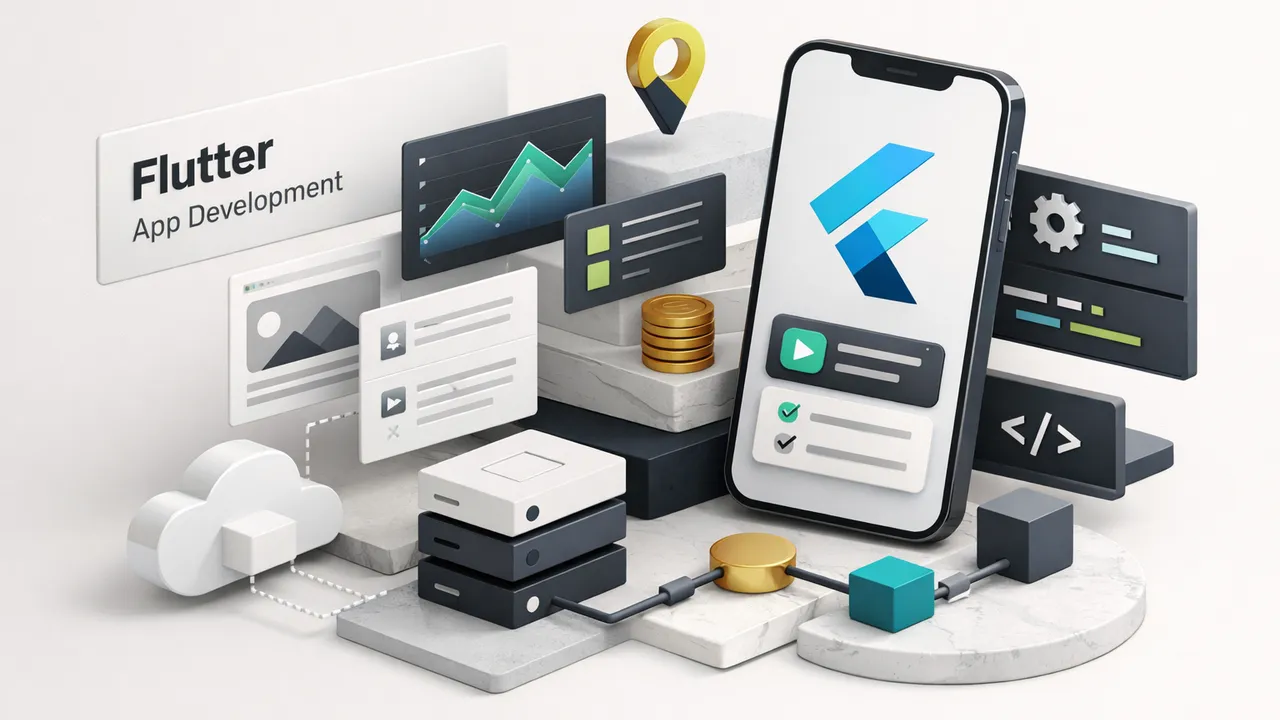 Flutter mobile app development with Dart code on a laptop screen alongside a smartphone displaying a colorful UI