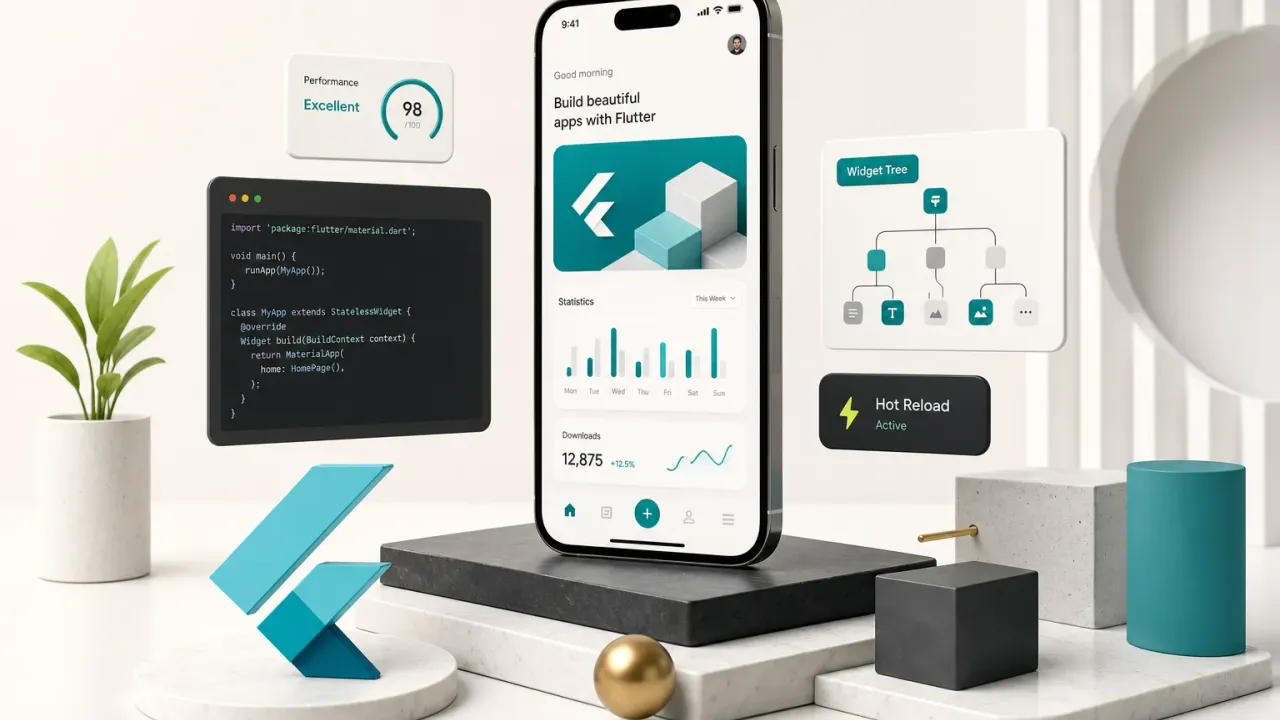Developer coding a cross-platform app using Flutter mobile app development framework on a laptop screen