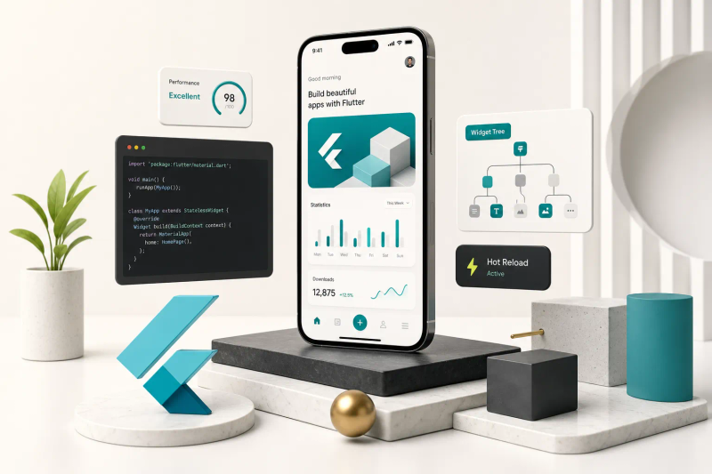 Developer coding a cross-platform app using Flutter mobile app development framework on a laptop screen