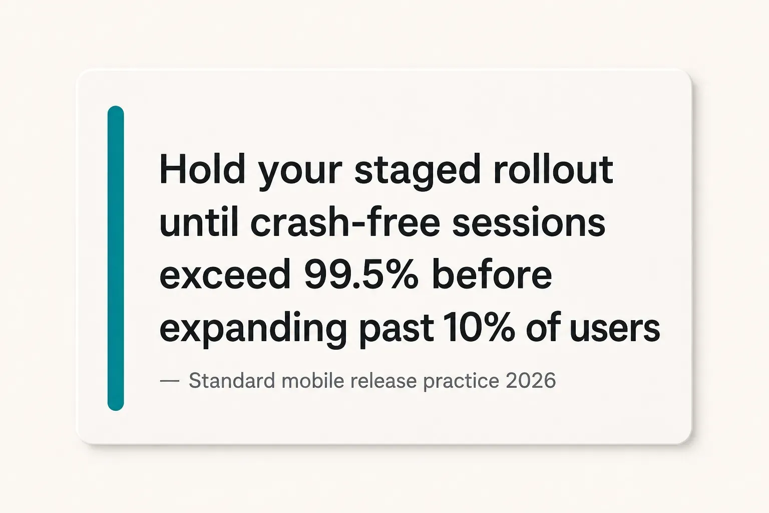 Key insight: Hold your staged rollout until crash-free sessions exceed 99.5% before expanding past 10% of users, Standard…