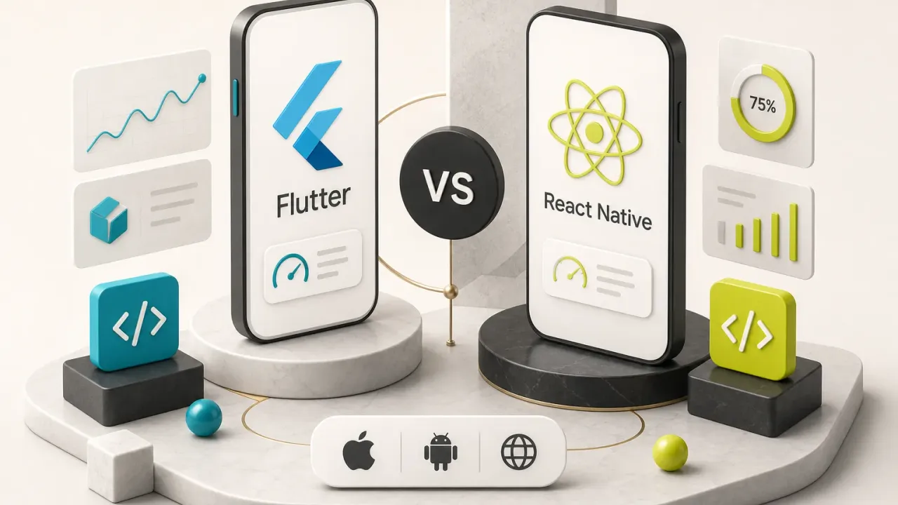 Flutter vagy React Native összehasonlítás: logók egymás mellett mobilalkalmazás-fejlesztési platformválasztáshoz