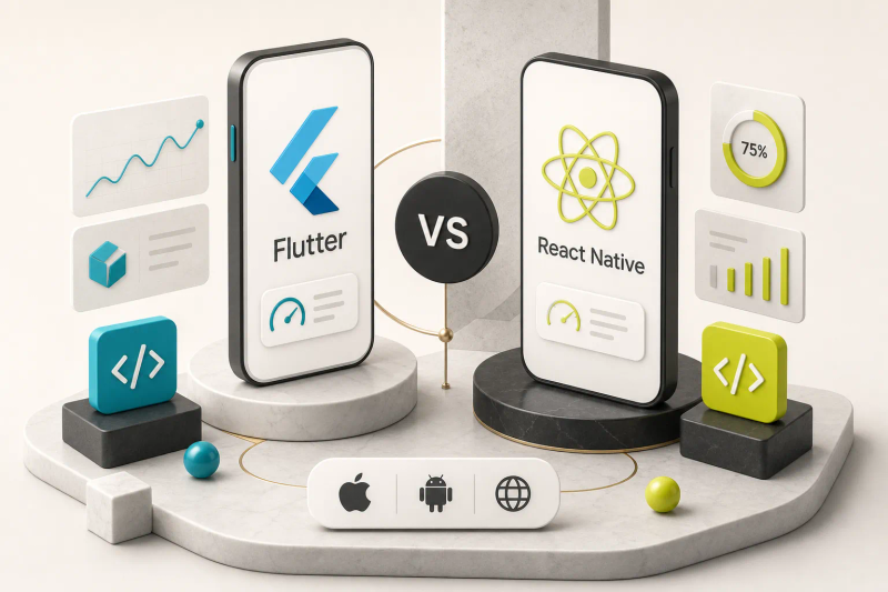 Flutter vagy React Native összehasonlítás: logók egymás mellett mobilalkalmazás-fejlesztési platformválasztáshoz