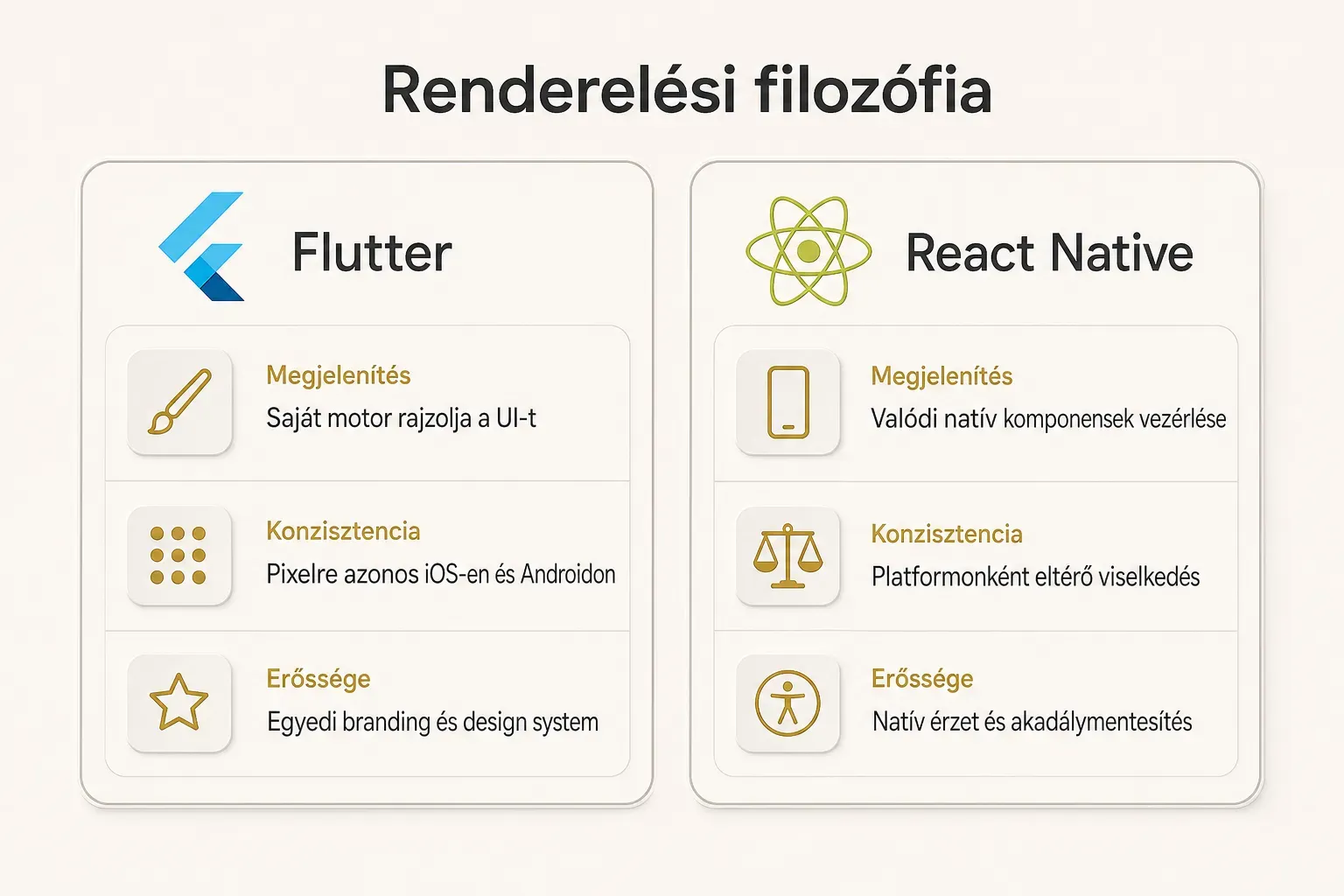 Comparison table, Renderelési filozófia. Megjelenítés, Flutter: Saját motor rajzolja a UI-t; React Native: Valódi natív…