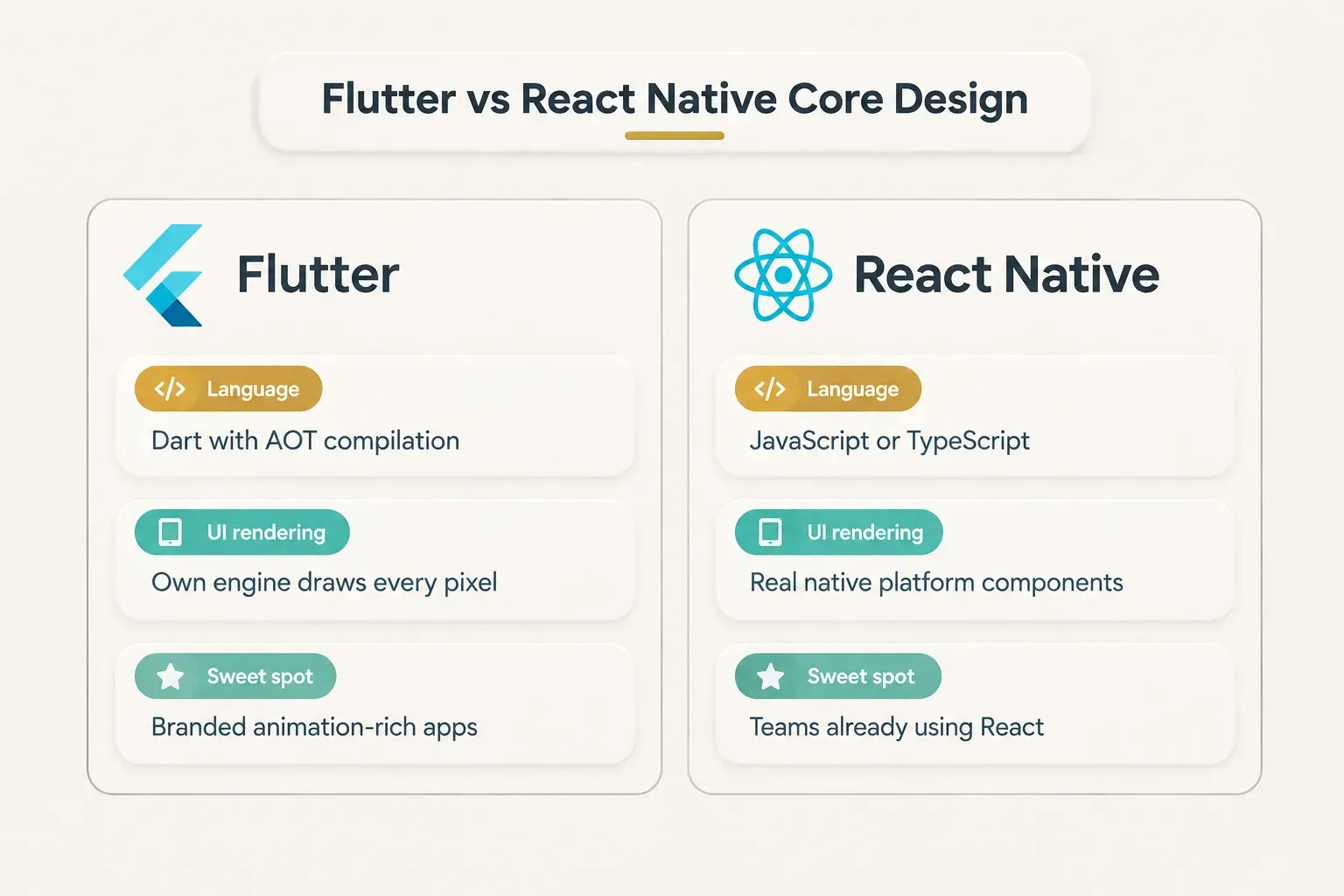 Comparison table, Flutter vs React Native Core Design. Language, Flutter: Dart with AOT compilation; React Native:…