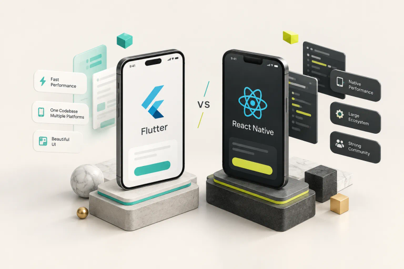 Flutter vs React Native comparison chart highlighting performance, UI, and development speed differences