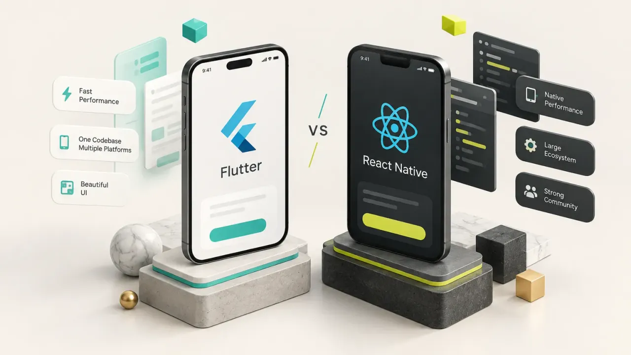 Flutter vs React Native comparison chart highlighting performance, UI, and development speed differences