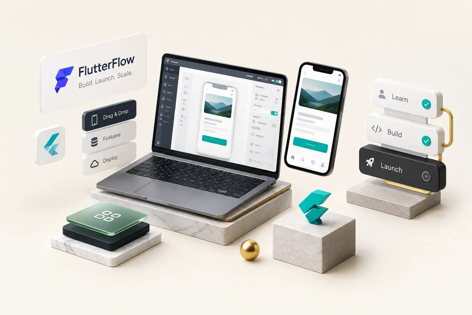 FlutterFlow developer building a mobile app interface using drag-and-drop visual development tools