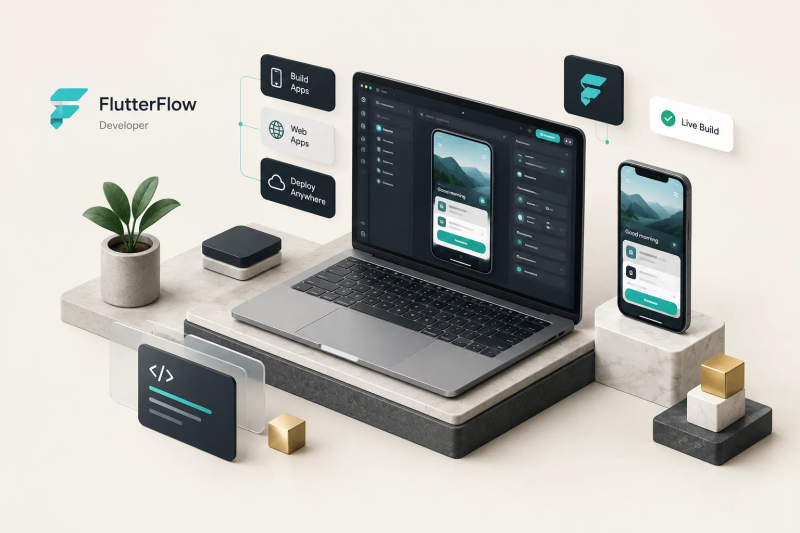 FlutterFlow developer building a mobile app interface using drag-and-drop visual development tools