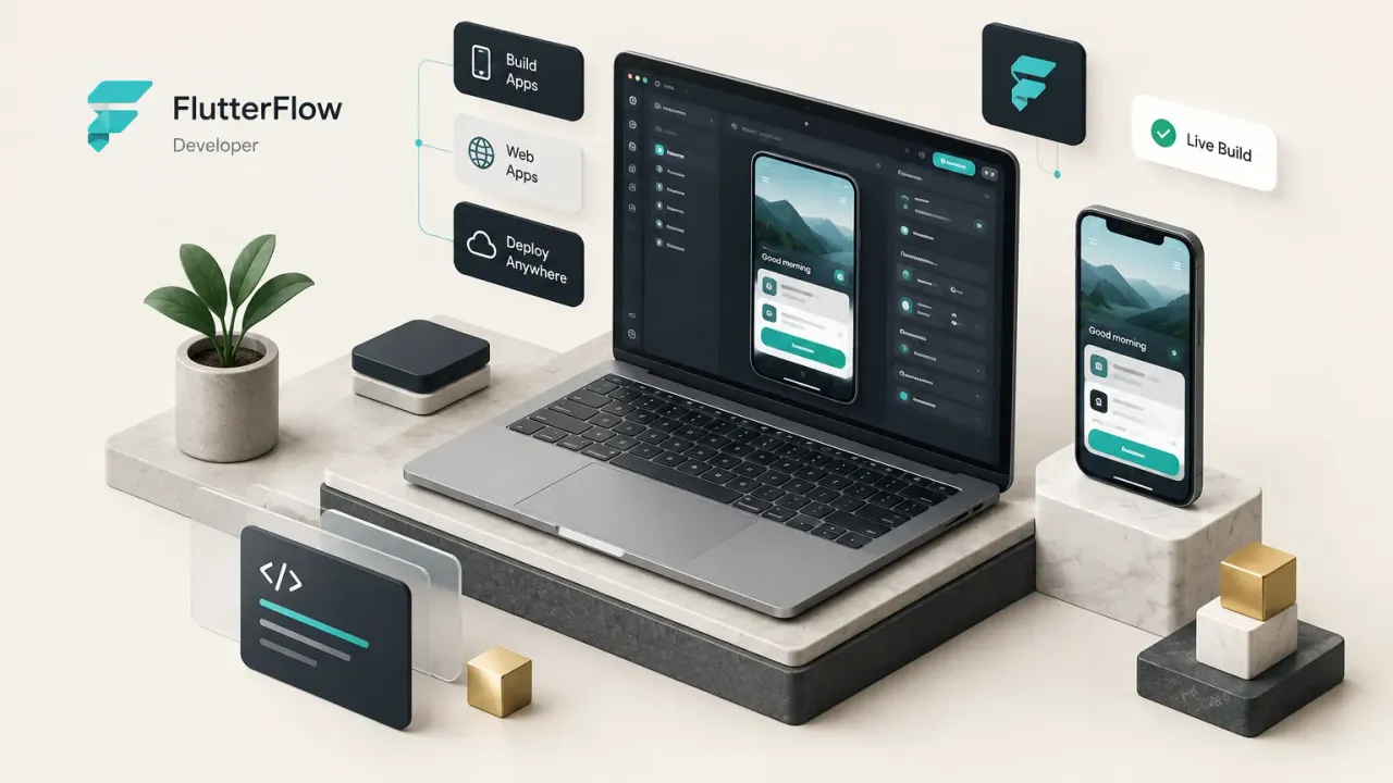 FlutterFlow developer building a mobile app interface using drag-and-drop visual development tools