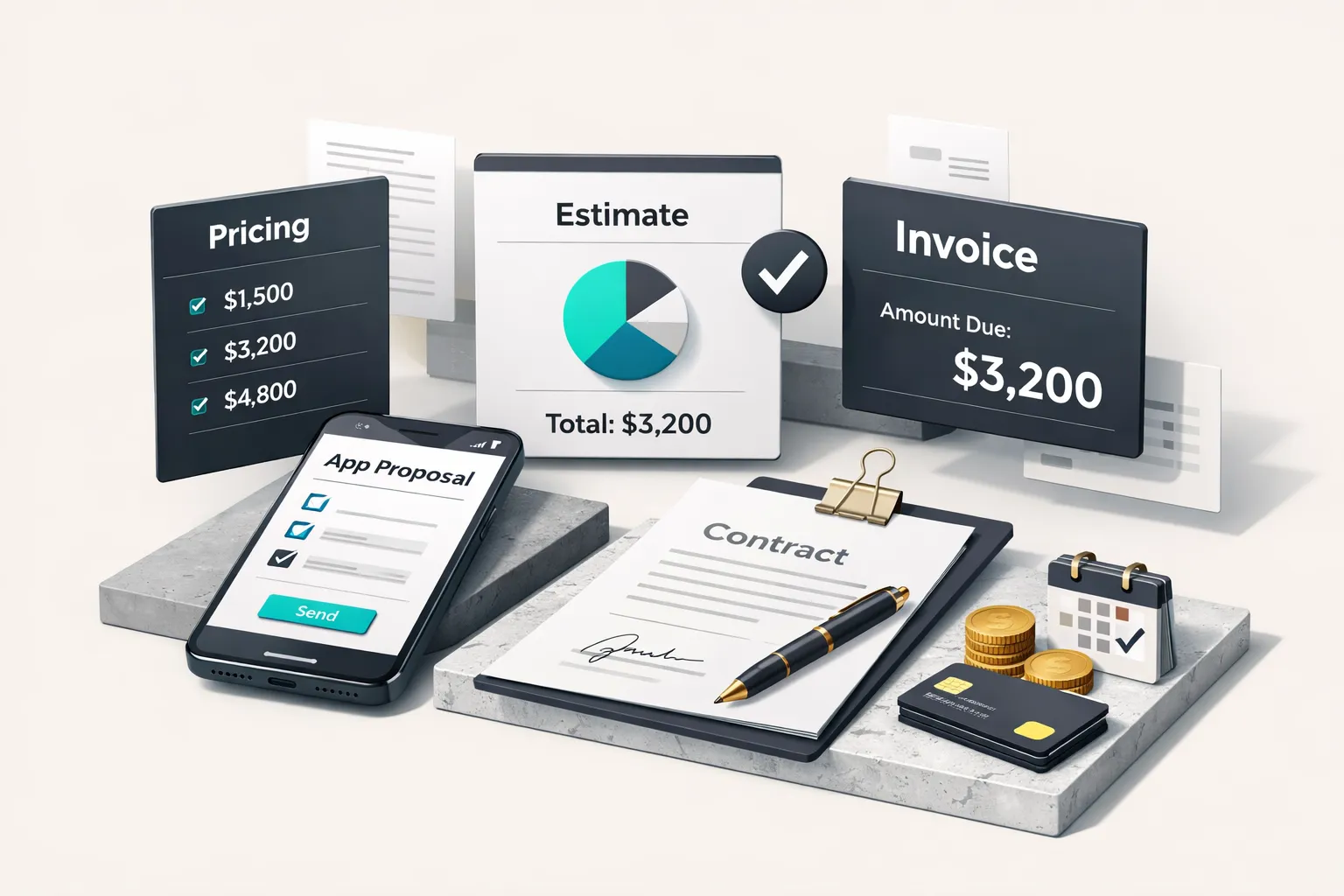 Freelance mobile app developer reviewing pricing proposal and contract documents at a desk with laptop