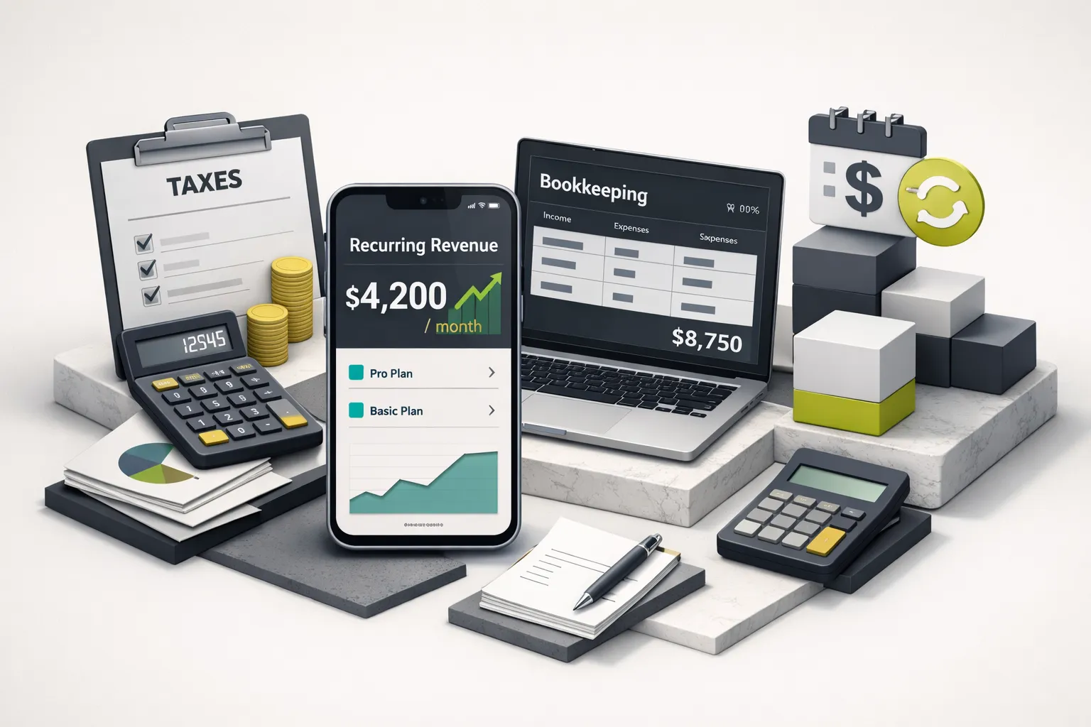 Freelance mobile app developer reviewing tax documents and bookkeeping spreadsheets at a desk with a laptop
