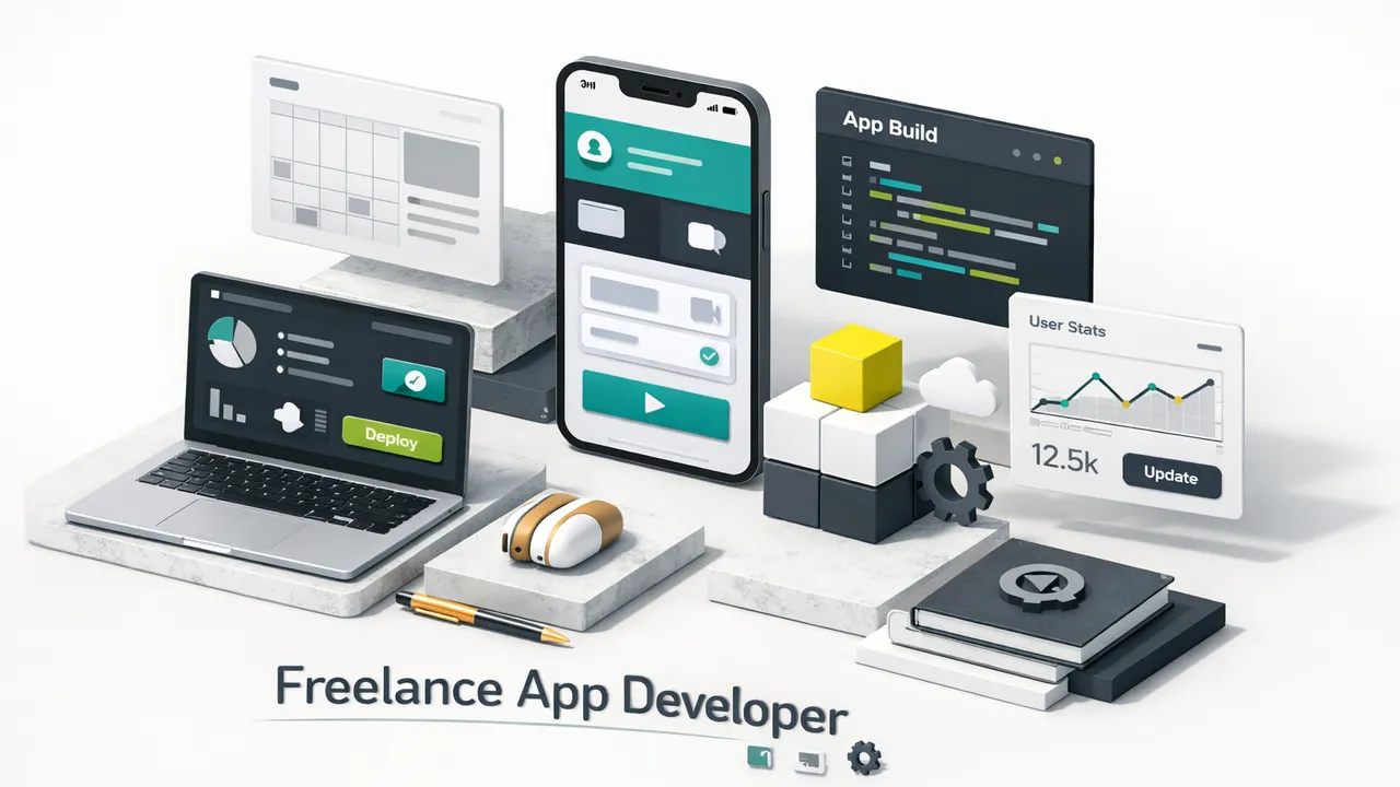 Freelance mobile app developer working on code at a desk with a laptop and smartphone displaying app interfaces