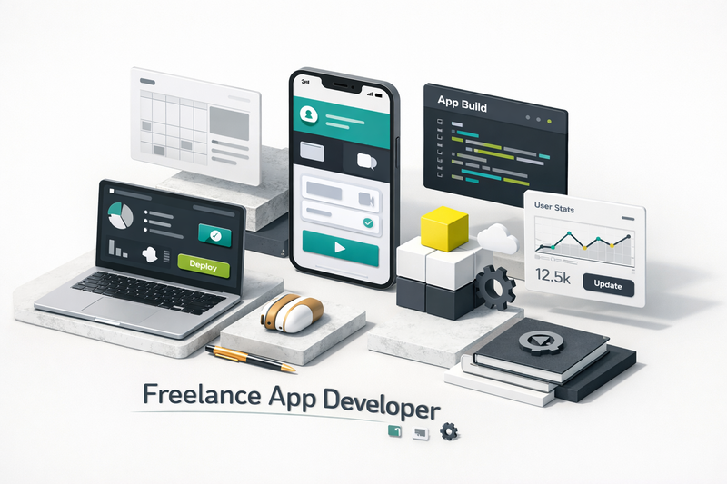 Freelance mobile app developer working on code at a desk with a laptop and smartphone displaying app interfaces