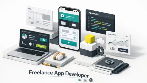 Freelance mobile app developer working on code at a desk with a laptop and smartphone displaying app interfaces