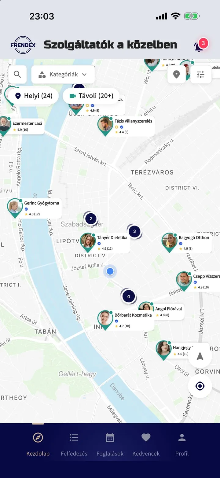 Frendex home screen in the Hungarian interface: a live map of central Budapest with provider pins, ratings and filter chips for local and remote providers