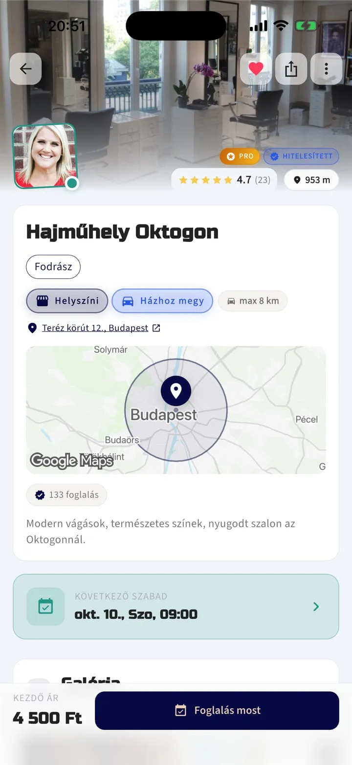 Demo hair salon profile with PRO and verified badges, a rating, on-site and travels-to-you options within 8 km, a service area map, the next free slot, a starting price and a Book now button