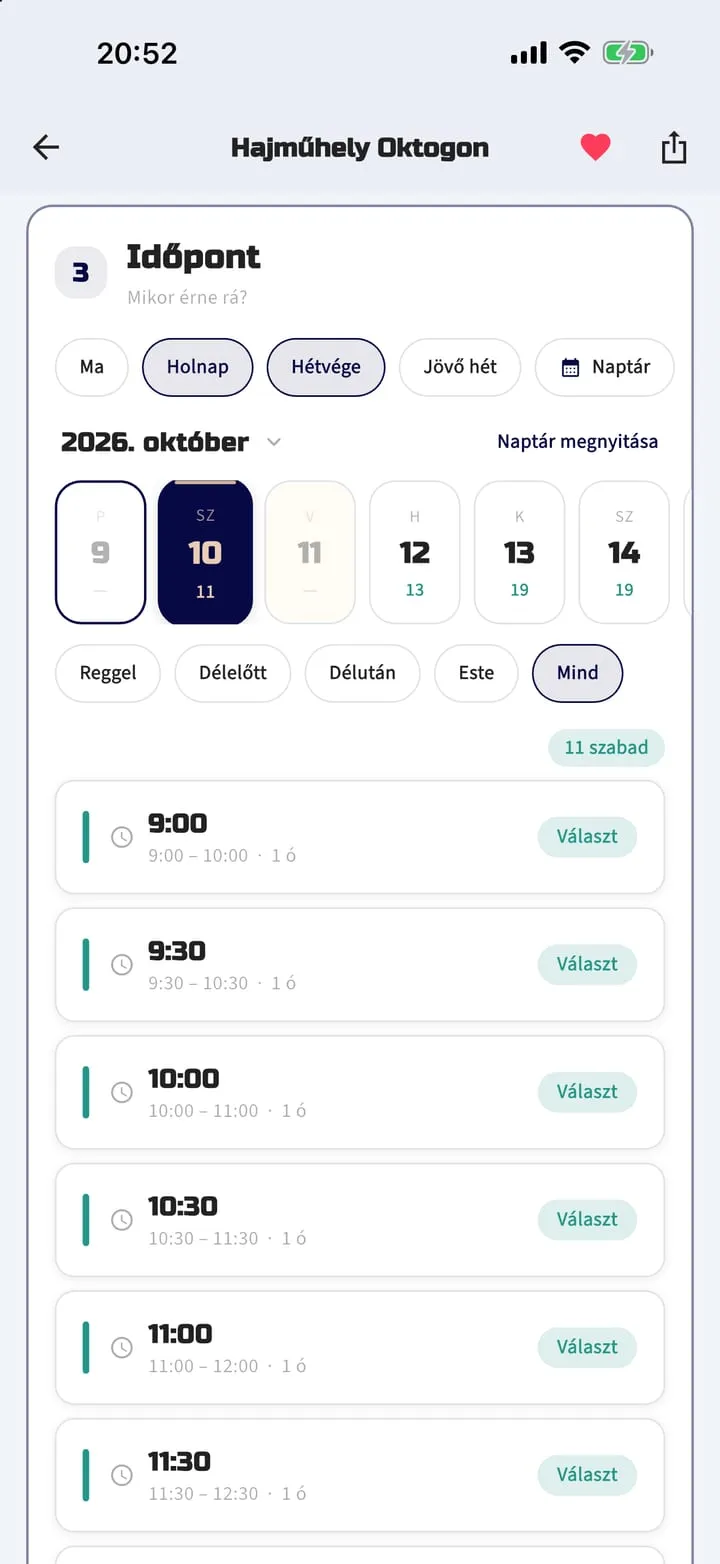Booking time step with an October 2026 date strip, part-of-day filters and a list of open slots to choose from