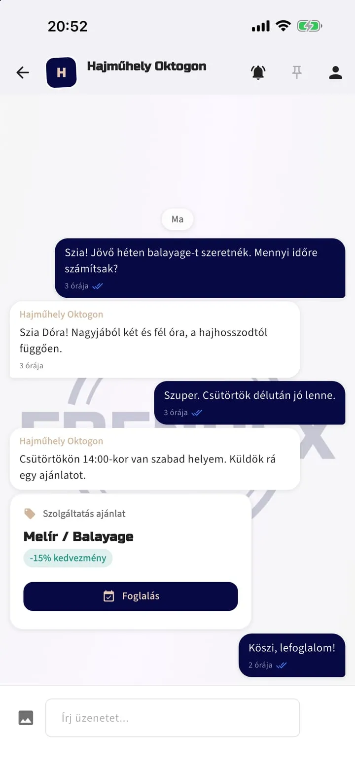 Chat with the salon in which the provider sends an in-chat service offer with highlights, a 15% discount and a Book button