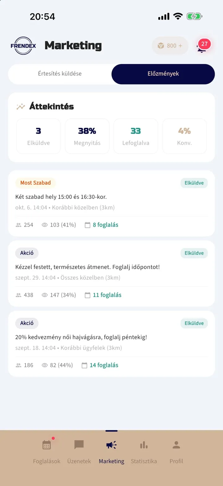 Provider marketing screen with a campaign history of sent count, open rate and bookings per push campaign, shown with demo figures
