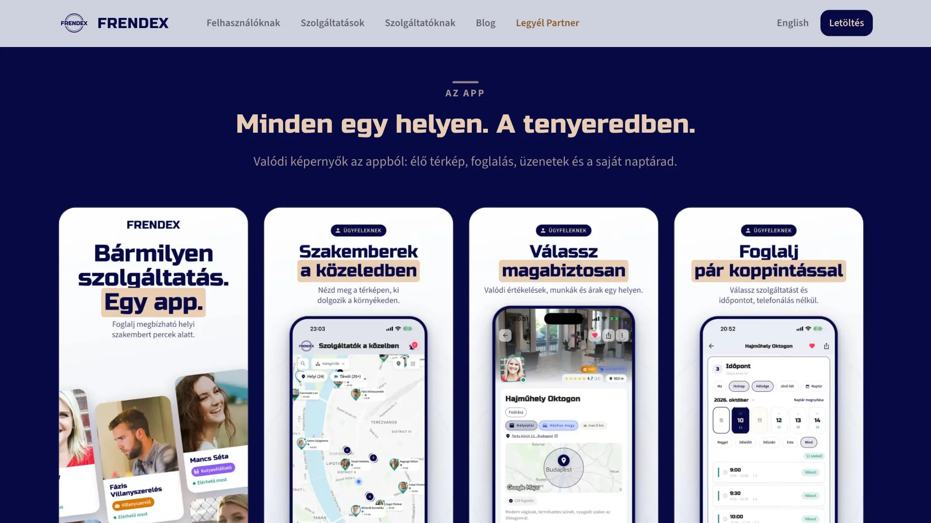 Sötétkék appbemutató szekció a Minden egy helyen. A tenyeredben. címsorral és valódi áruházi képernyőképek sorával