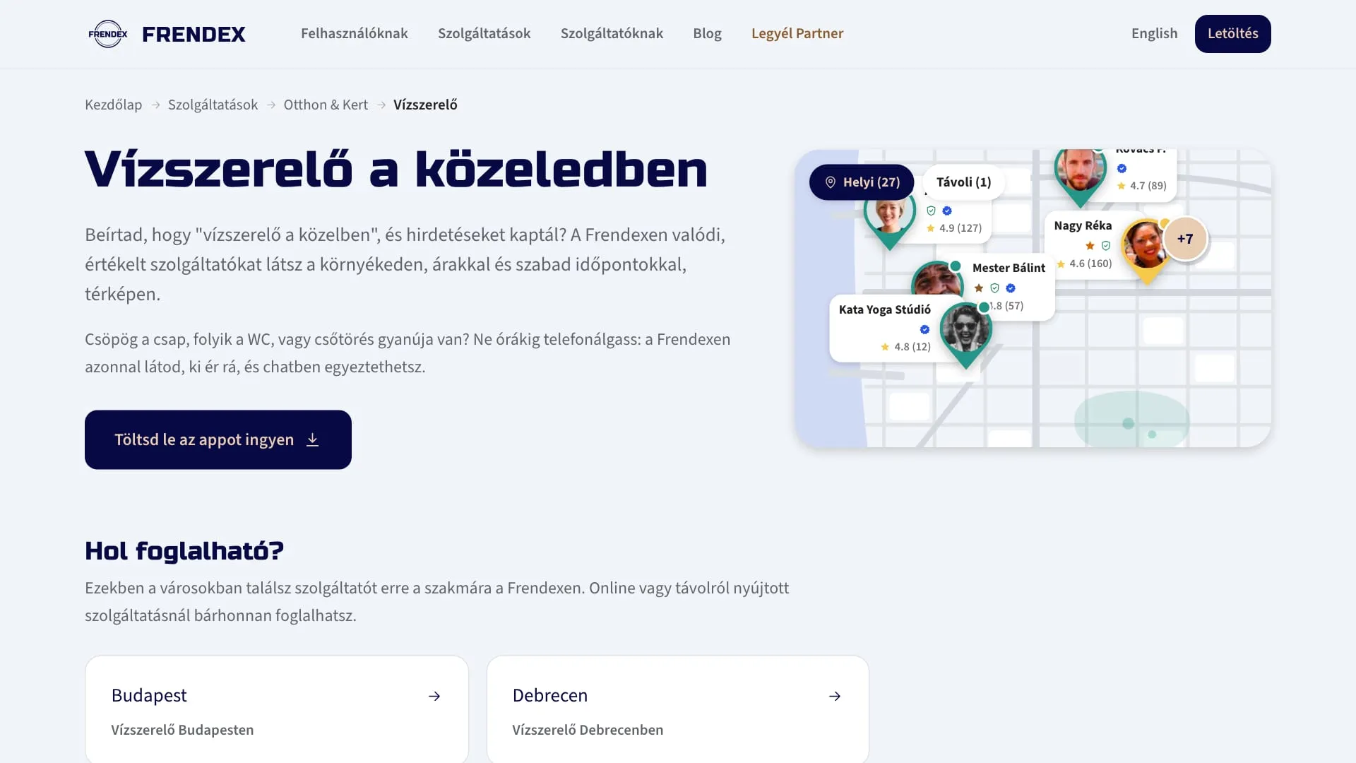 Vízszerelő a közeledben szakmaoldal az illusztrált térképpel, valamint budapesti és debreceni városkártyával
