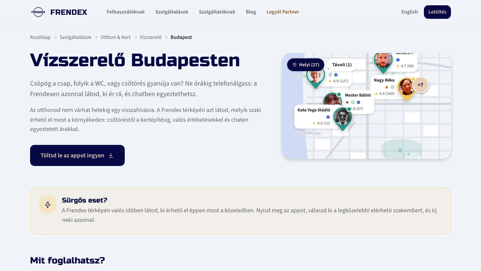 Vízszerelő Budapesten szakma- és városoldal letöltés gombbal és Sürgős eset? kiemelő dobozzal