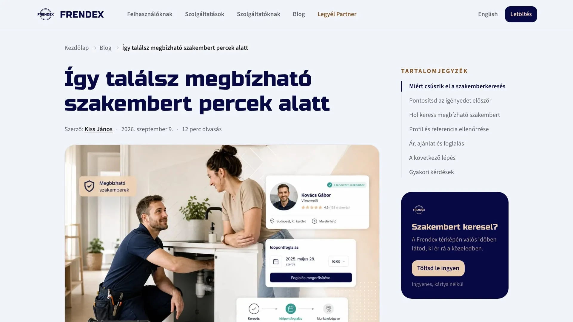 Automatikusan megjelent blogcikk Így találsz megbízható szakembert percek alatt címmel, tartalomjegyzékkel és letöltési kártyával