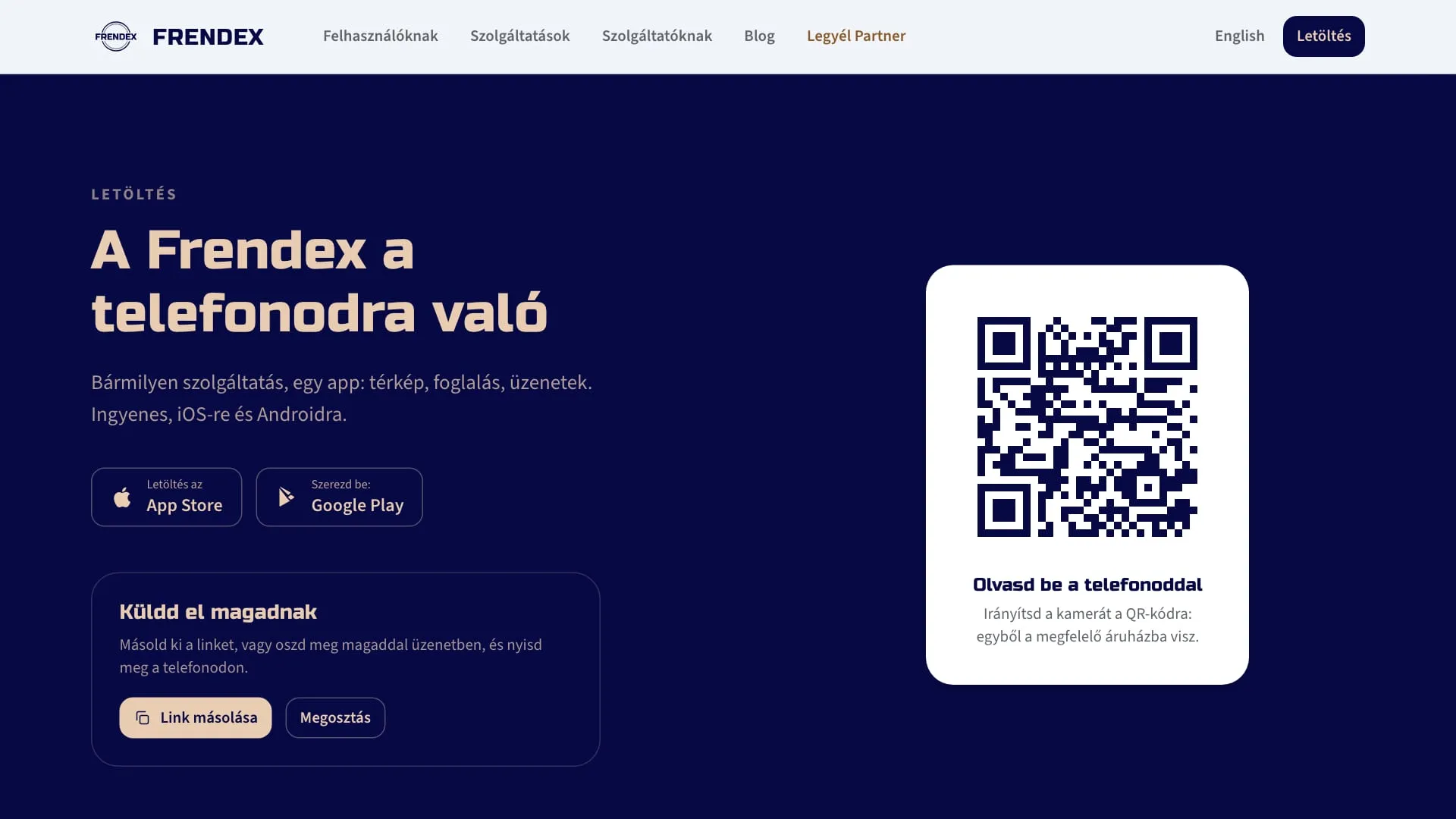 A Frendex a telefonodra való letöltési oldal QR-kóddal, App Store és Google Play jelvénnyel, valamint Küldd el magadnak lehetőséggel