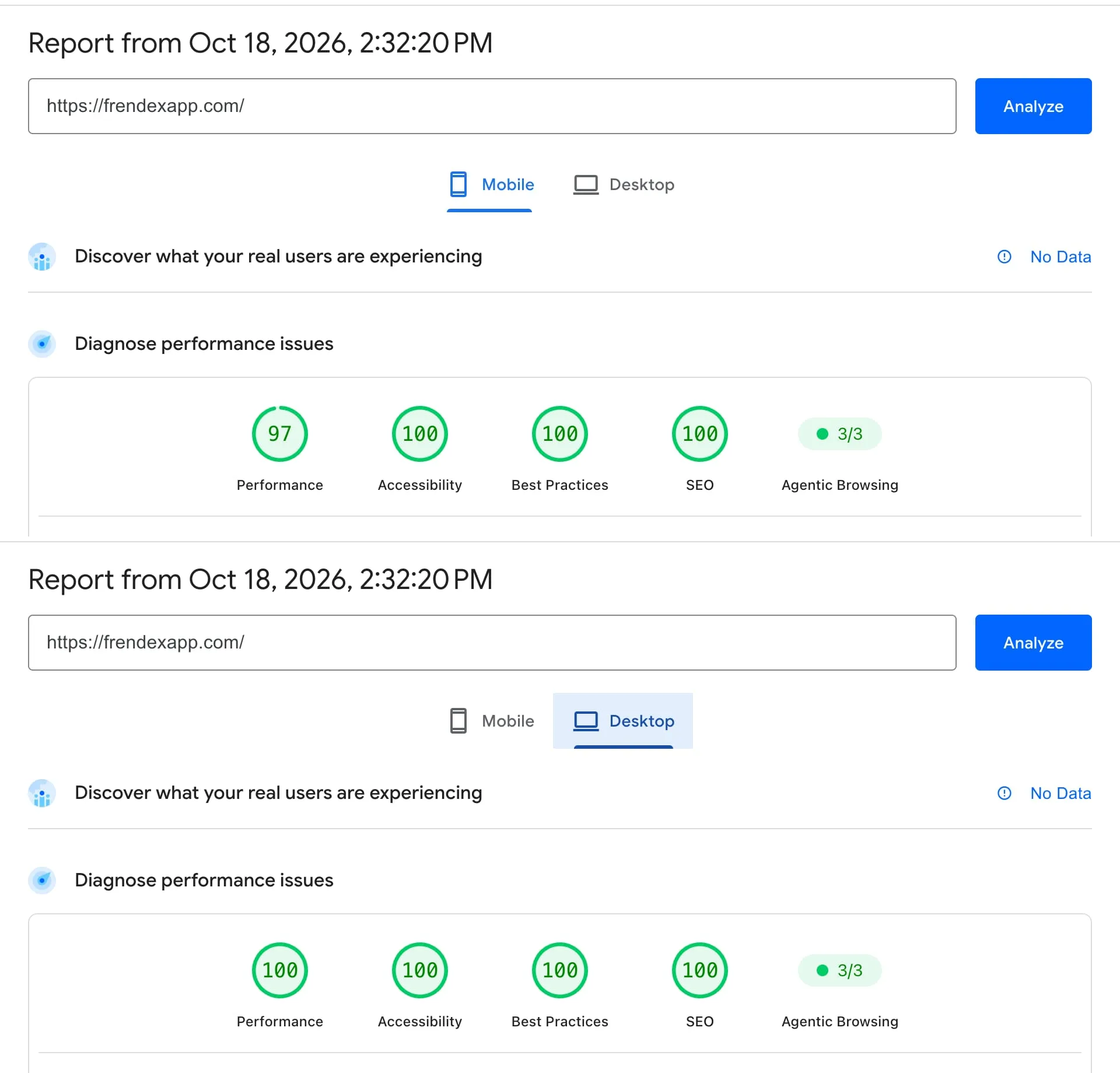 Google PageSpeed Insights results for frendexapp.com on 18 October 2026: 97 performance, 100 accessibility, 100 best practices and 100 SEO on mobile, and 100 in all four categories on desktop