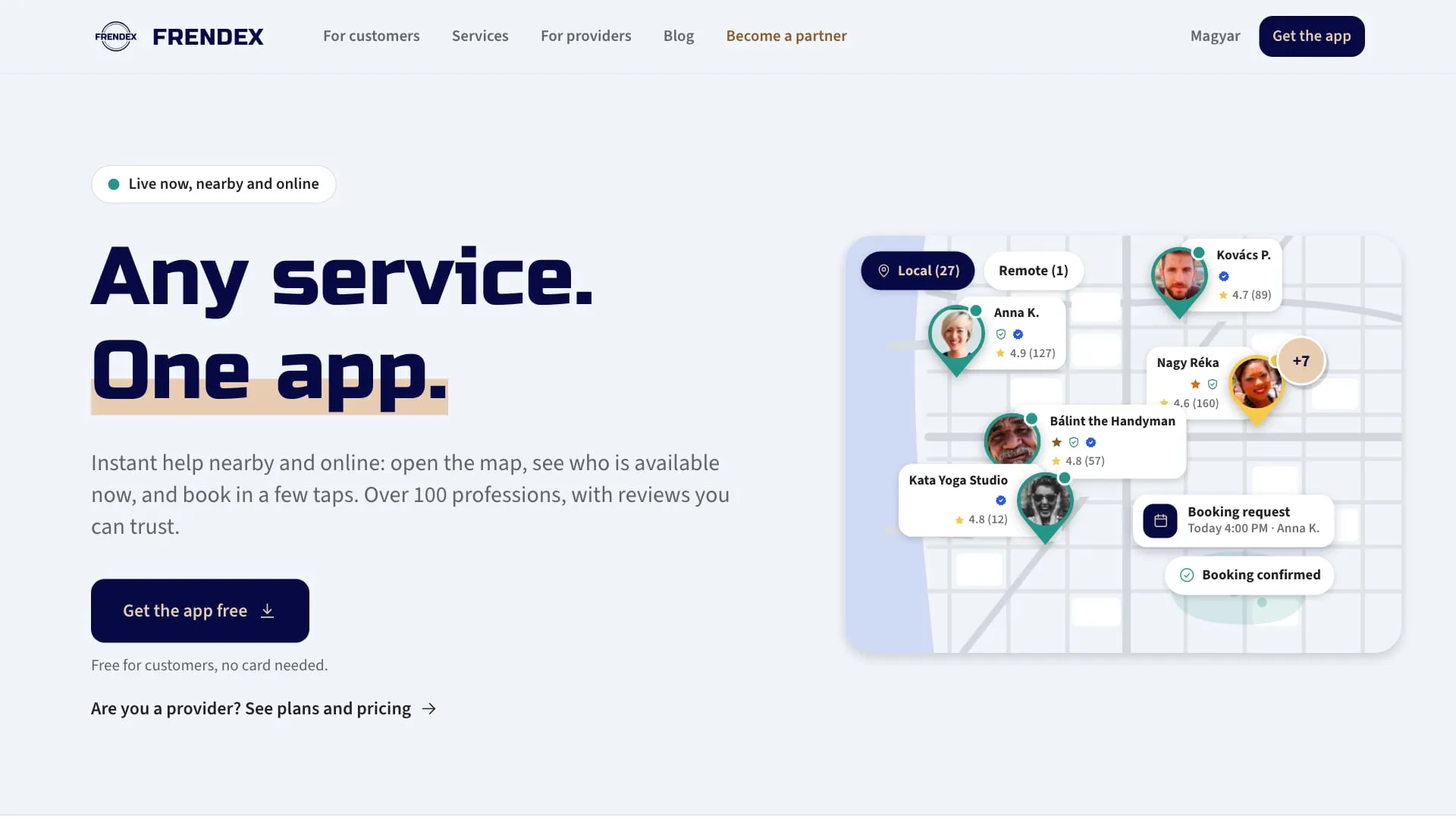 Frendex homepage hero with the Any service. One app. headline, a Get the app free button and an illustrated map with provider pins