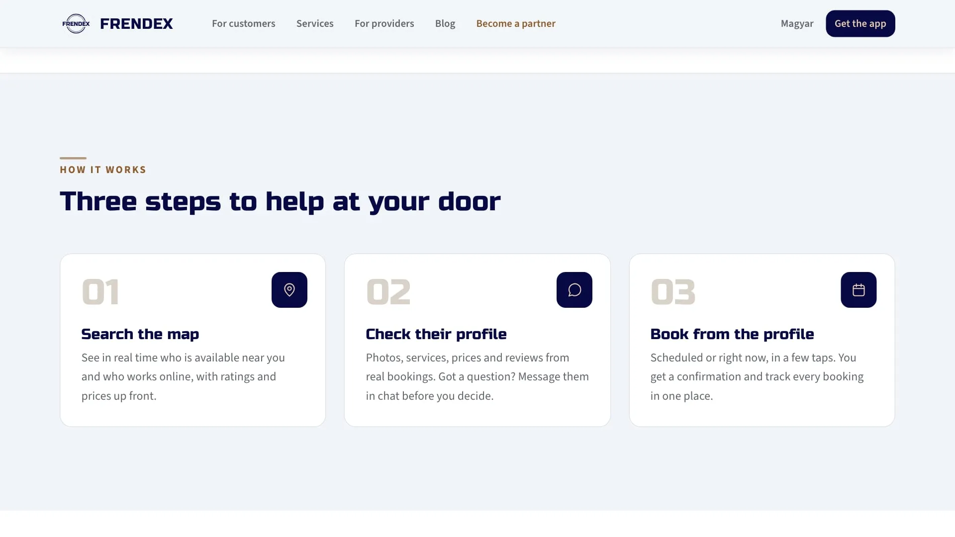 How it works section with three steps: search the map, check the profile, and book from the profile