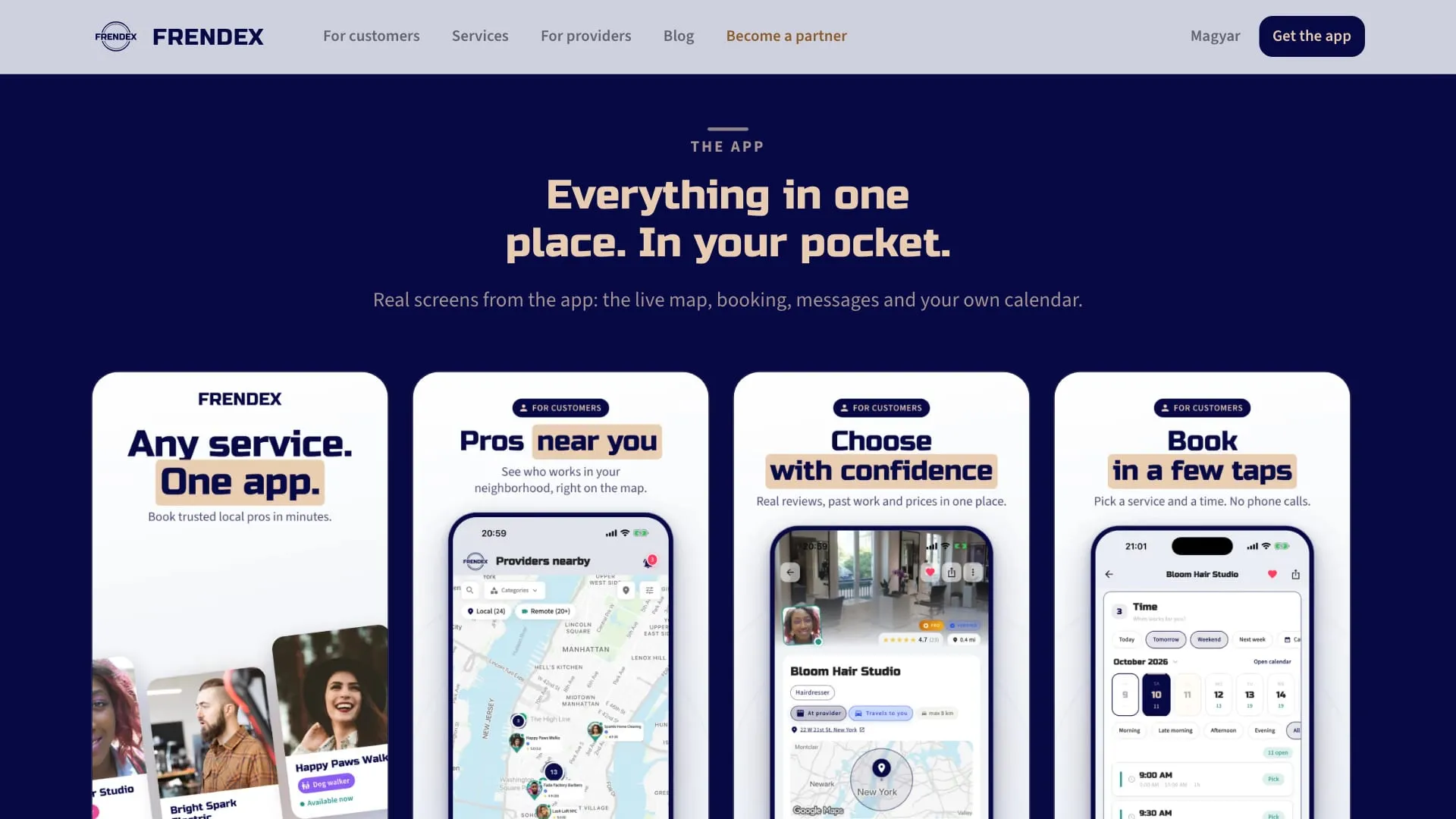 Navy app showcase with the headline Everything in one place. In your pocket. above a rail of real app store screenshots