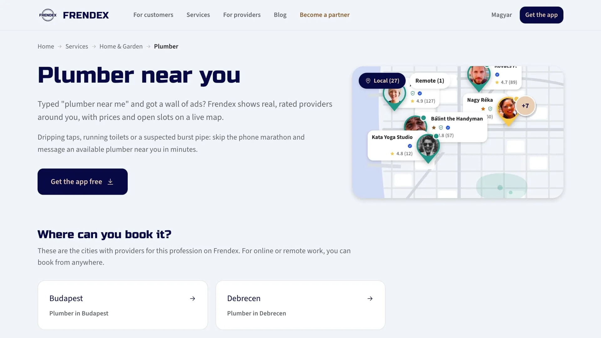 Plumber near you profession hub with the illustrated map and city cards for Budapest and Debrecen