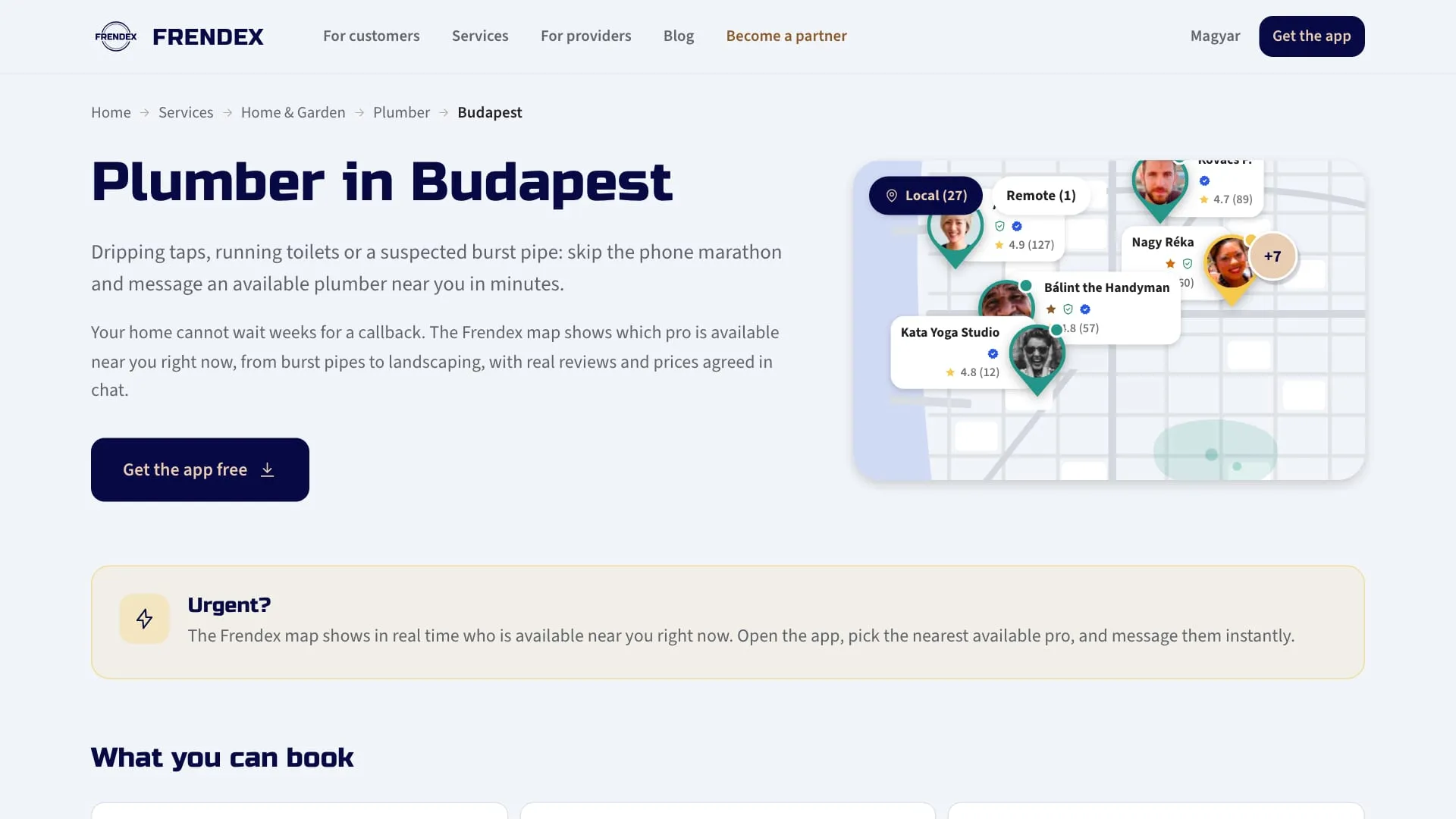 Plumber in Budapest profession and city page with a download button and an Urgent callout