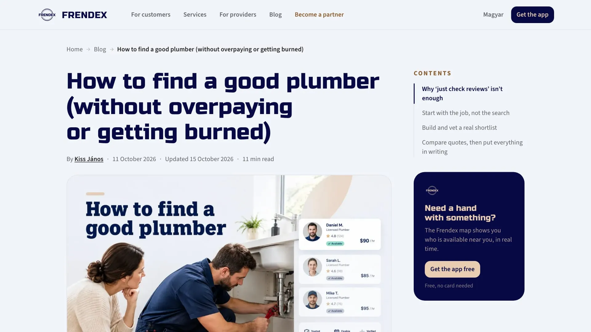 Auto-published blog article How to find a good plumber (without overpaying or getting burned) with a contents sidebar and an app download card