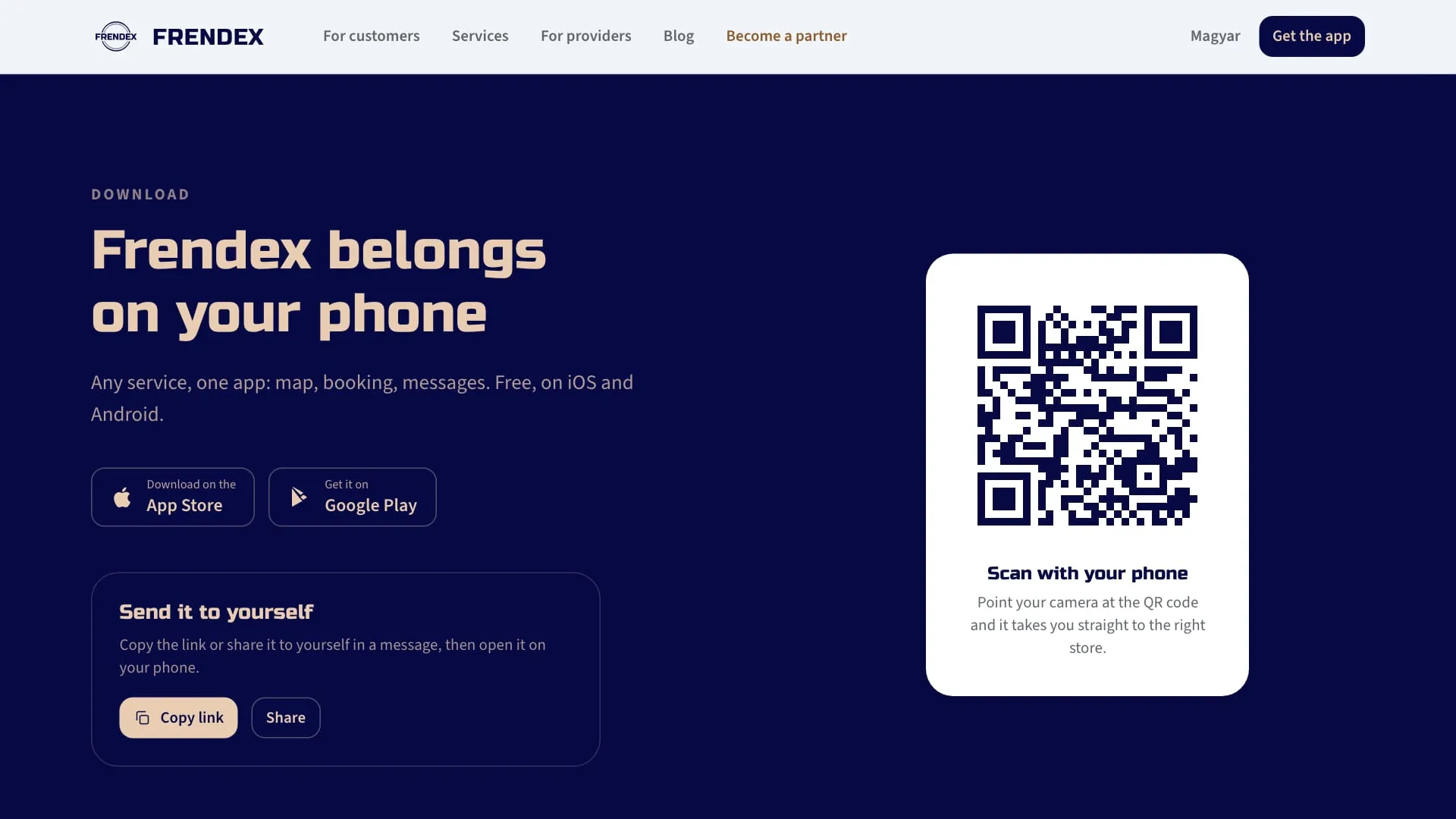 Download page Frendex belongs on your phone with a QR code, App Store and Google Play badges and a send it to yourself option