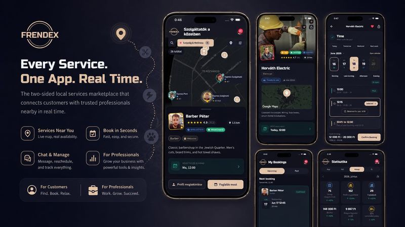 Frendex cover with the app logo and five phone screens: a live map of nearby providers, a provider profile, a booking time picker, the bookings list, and a provider statistics dashboard