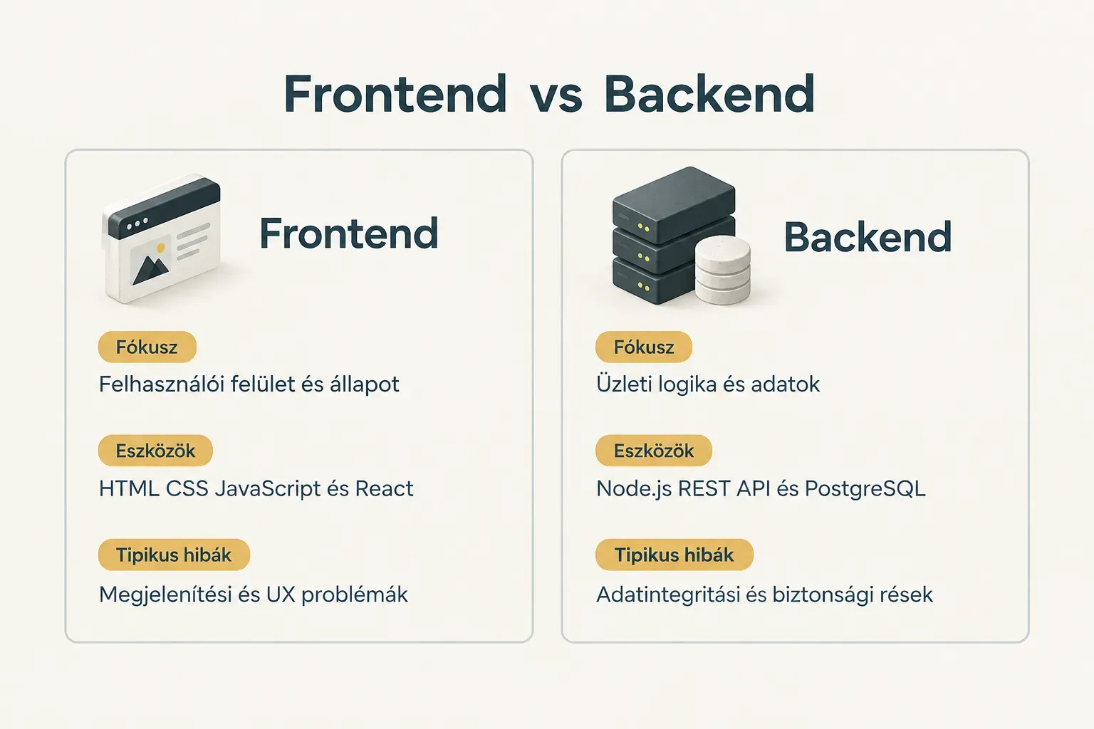 Comparison table, Frontend vs Backend. Fókusz, Frontend: Felhasználói felület és állapot; Backend: Üzleti logika és…