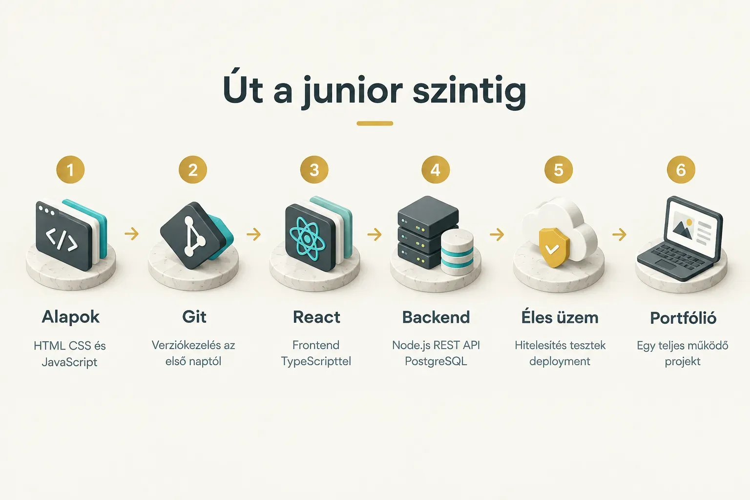 Step-by-step diagram, Út a junior szintig. 1. Alapok, HTML CSS és JavaScript; 2. Git, Verziókezelés az első naptól; 3…