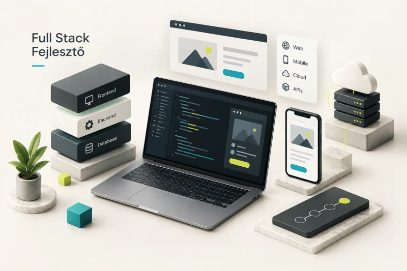 Full stack fejlesztő dolgozik laptopon, front-end és back-end kódsorokkal a képernyőn