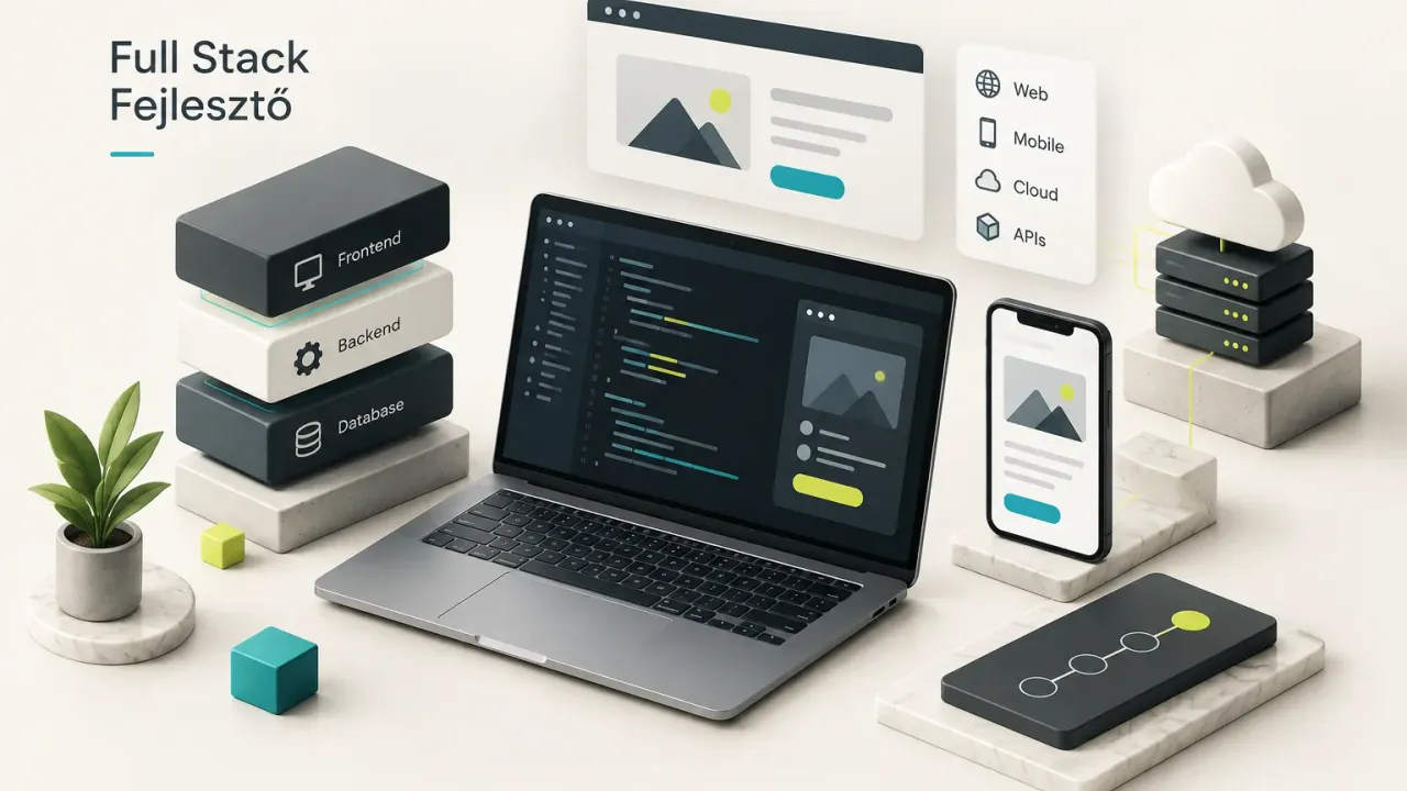 Full stack fejlesztő dolgozik laptopon, front-end és back-end kódsorokkal a képernyőn