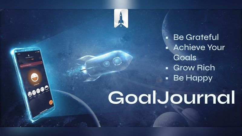 Goal Journal banner with a glowing phone mockup of the mood check-in screen and a rocket flying through space