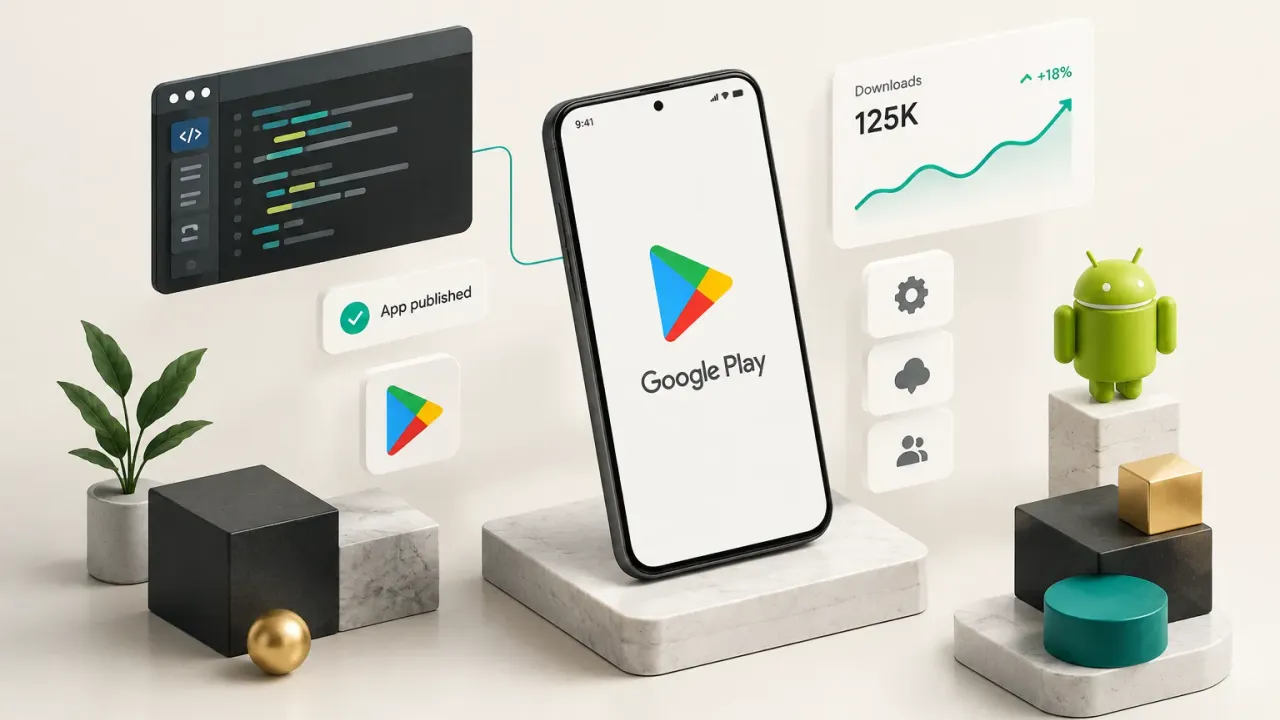 Google Play app development workflow showing coding, testing, and publishing an Android app