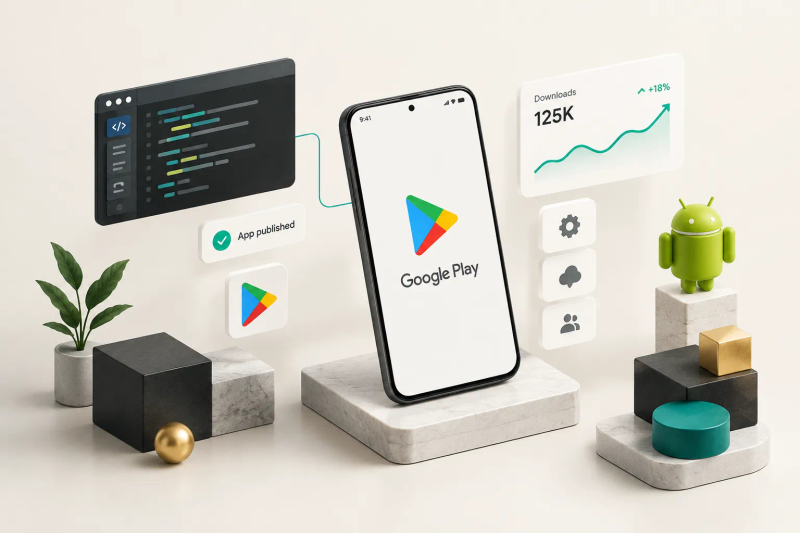 Google Play app development workflow showing coding, testing, and publishing an Android app