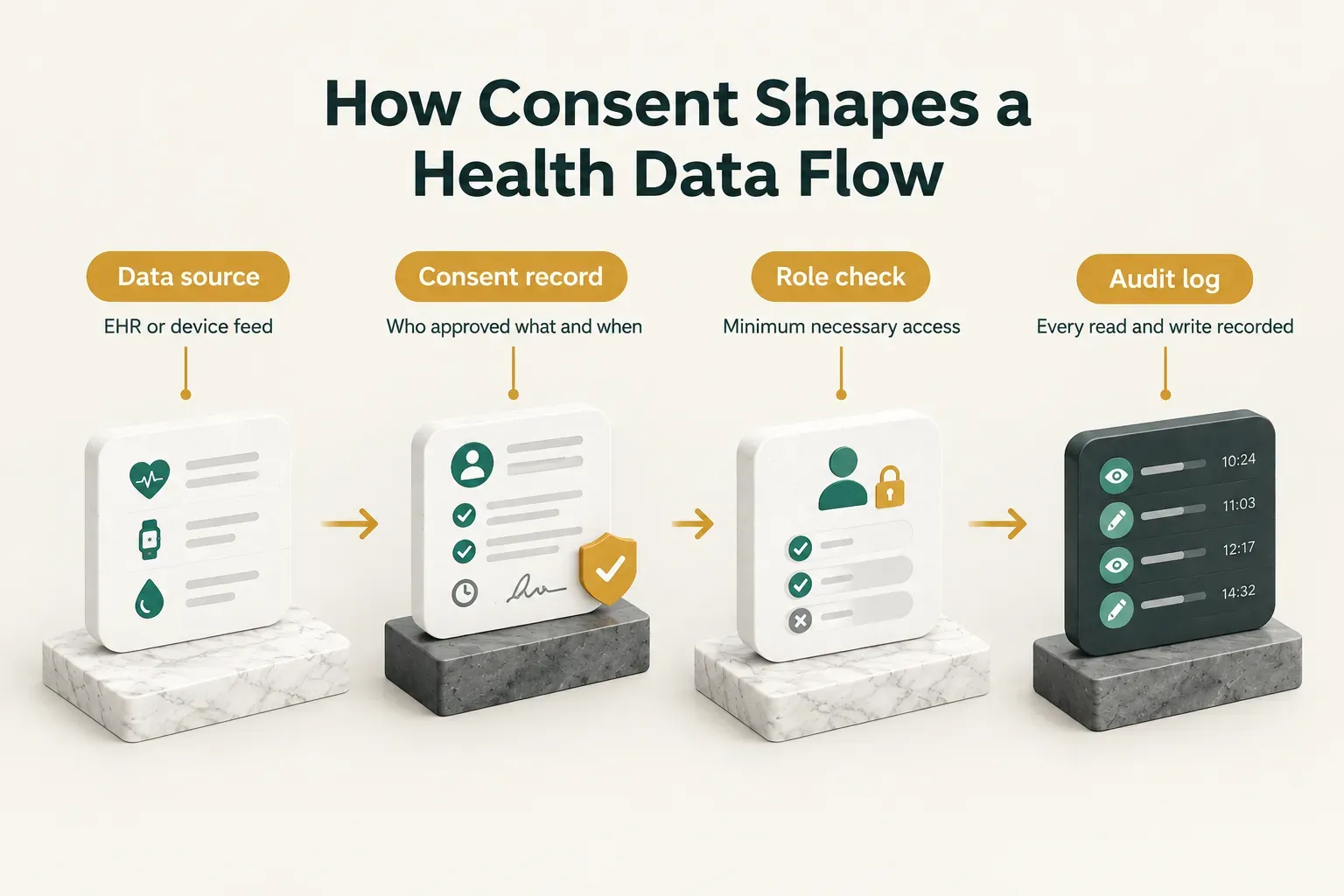 Diagram, How Consent Shapes a Health Data Flow. Data source, EHR or device feed; Consent record, Who approved what and…