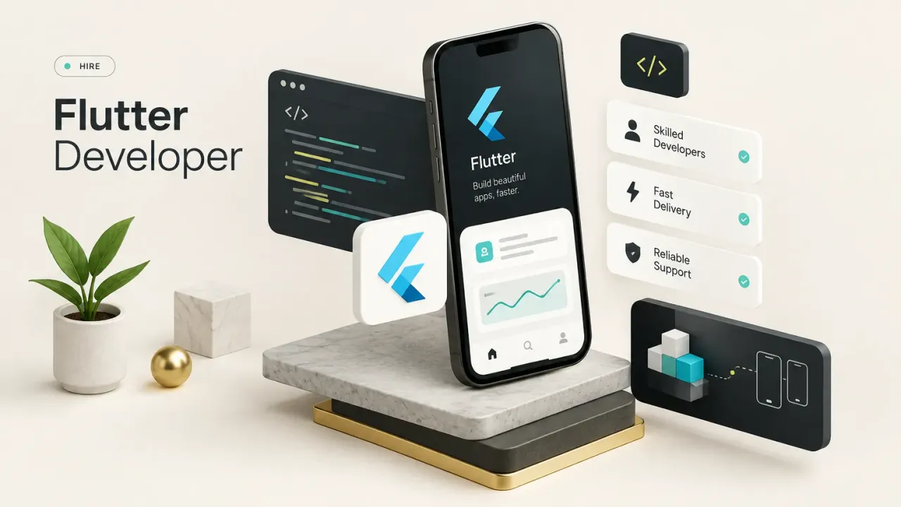 Developer coding a Flutter mobile app on a laptop, representing how to hire Flutter developer talent