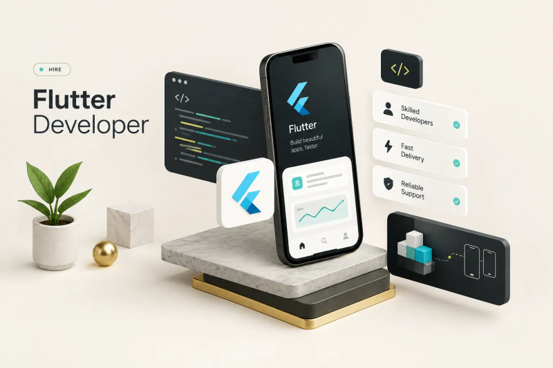 Developer coding a Flutter mobile app on a laptop, representing how to hire Flutter developer talent