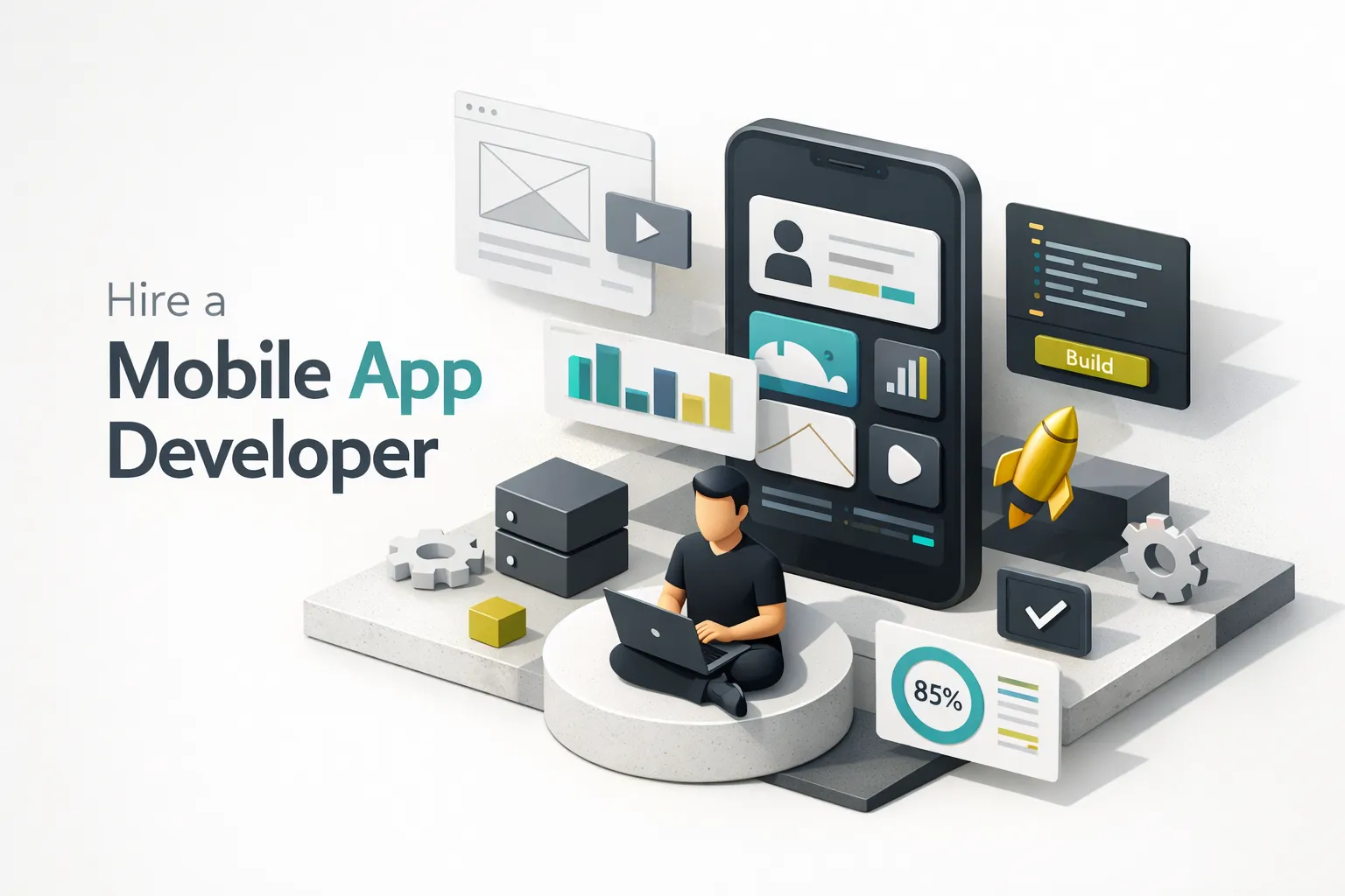 A professional mobile app developer working on code at a modern desk with multiple screens displaying app interfaces